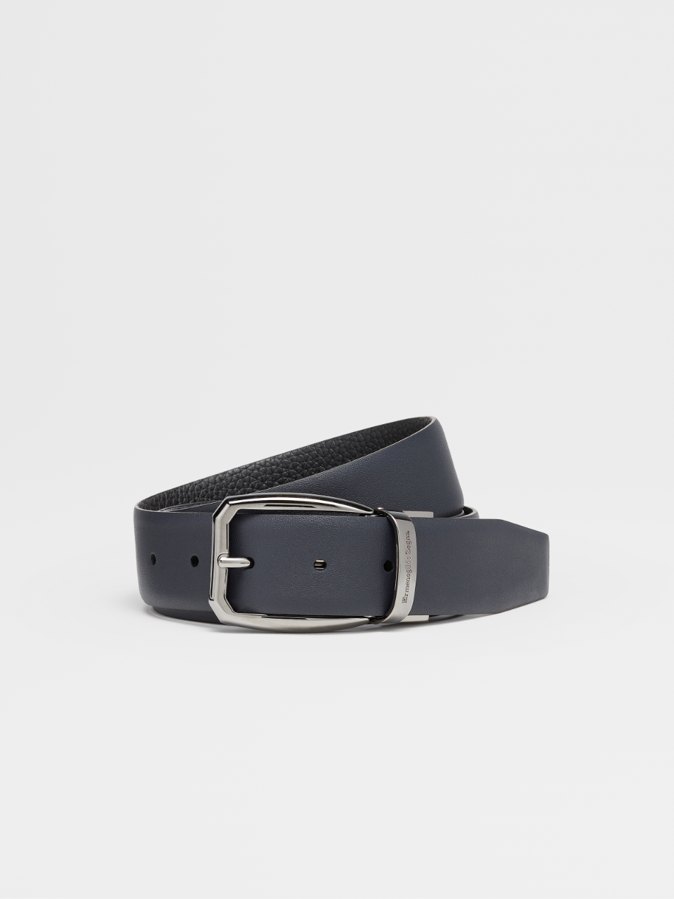 Dark Blue Smooth Leather and Black Grained Leather Reversible Belt